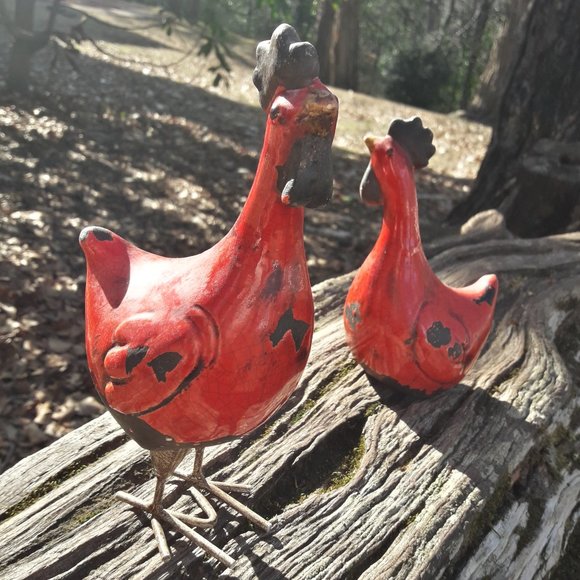 Chickens Rooster Bird Figurines Set of 2 Glazed Pottery Clay Crackled Vintage - Picture 5 of 17